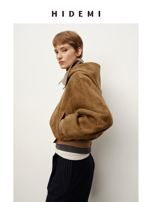 HIDEMI 进口长绒绒麂皮极简短款外套复古做旧连帽夹克短款皮衣 商品图2