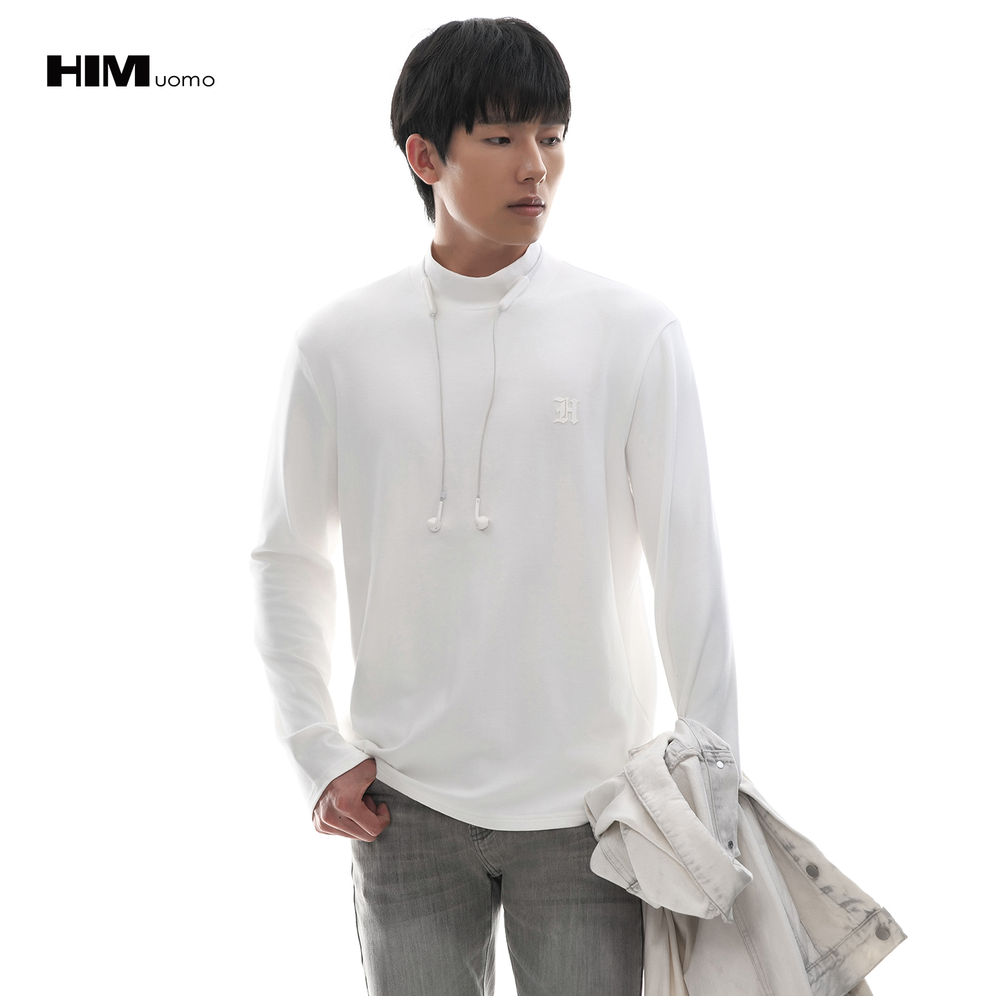 HIM漢崇  简约字母烧花舒适莫代尔棉休闲长袖小高领T恤男 2025秋季