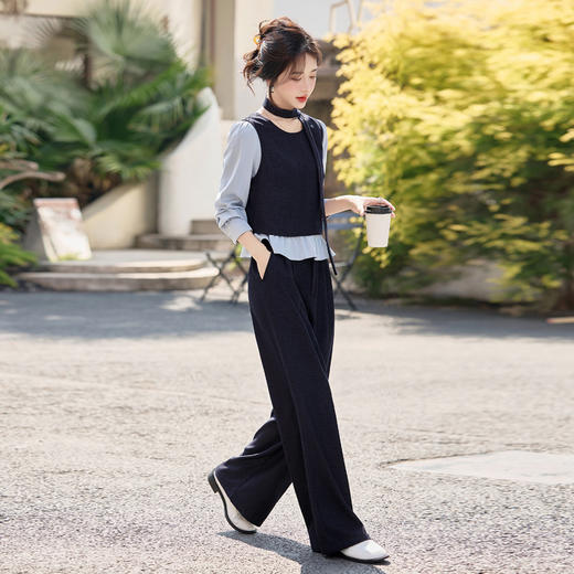 KX8505套装女2025秋季新款女装飘带拼接洋气衬衫阔腿裤两件套 商品图1
