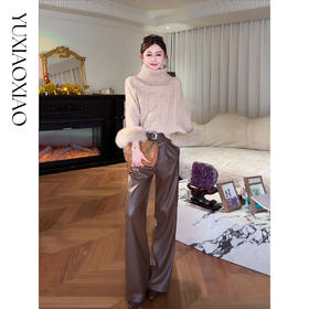 余潇潇【高街达人】时尚百搭立体褶皱收胯搭配重工腰带直筒休闲皮裤