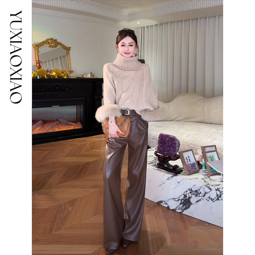 余潇潇【高街达人】时尚百搭立体褶皱收胯搭配重工腰带直筒休闲皮裤 商品图0