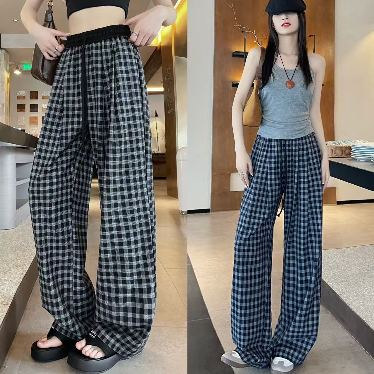 卷卷紫美式风格纹垂感直筒裤 面料软糯有垂感 宽松舒适 复古慵懒休闲百搭