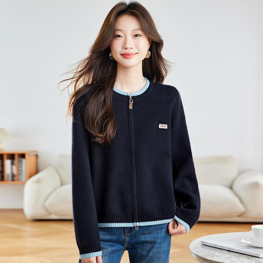 早秋双拉链短款针织开衫，宽松慵懒风毛衣外套拼色上衣CC-22-2713 商品图2