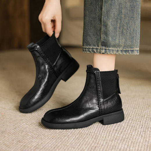 阿么手工女鞋圆头短靴女软底软面秋季拼接针织复古单靴百搭3.5CM 商品图1