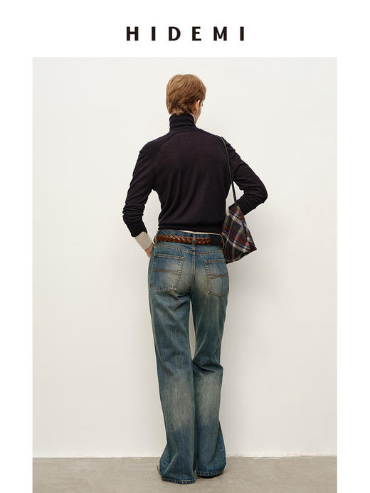 HIDEMI 都市单宁系列猫须水洗做旧感显瘦中低腰喇叭牛仔裤长裤 商品图5