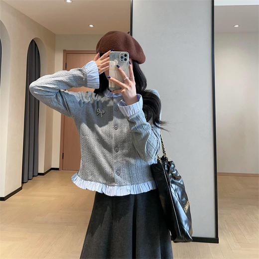 miu感假两件拼接荷叶边针织弹力开衫送胸针 商品图5