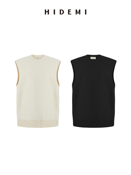 HIDEMI进口澳洲美利奴羊毛极简圆领下摆拼皮设计感后背开衩系带廓形马夹 商品图4