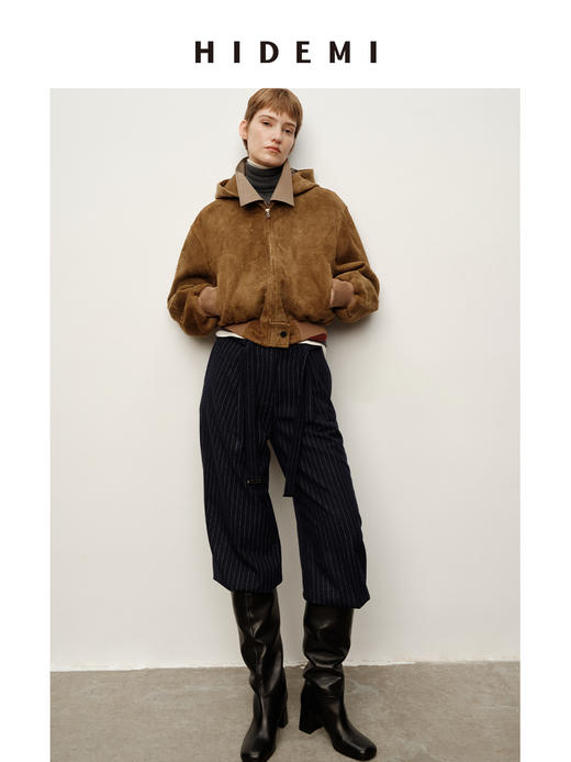 HIDEMI 进口长绒绒麂皮极简短款外套复古做旧连帽夹克短款皮衣 商品图1