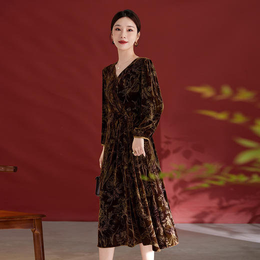 丝绒印花v领中长款优雅，重磅桑蚕丝连衣裙SM-82501829 商品图3