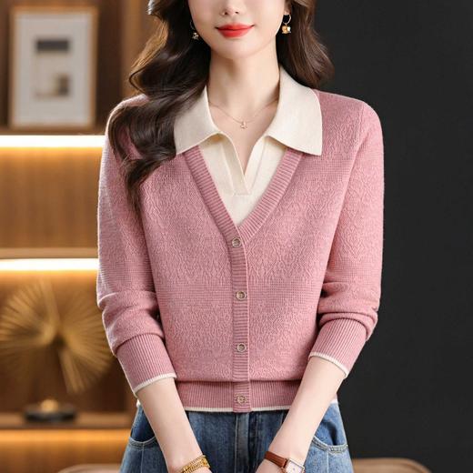 翻领宽松显瘦长袖，内搭假两件针织衫CC-103-97871 商品图0