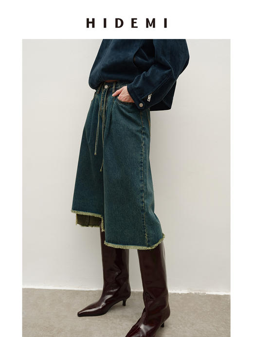 HIDEMI 都市单宁系列手工毛边装饰腰带显瘦时髦中裤牛仔裤配靴神裤 商品图3