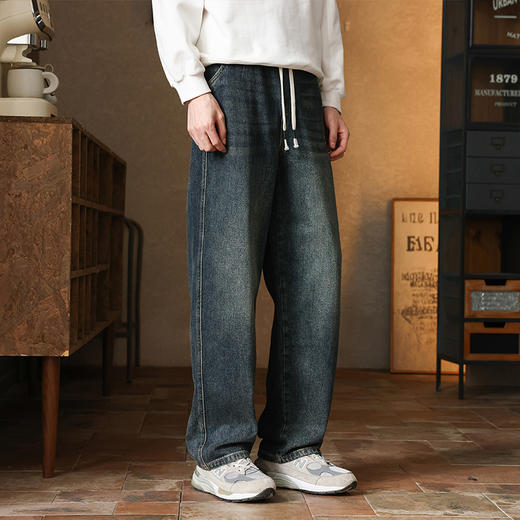 罗蒙秋冬牛仔裤男女同款情侣抽绳设计宽松直筒百搭日常显瘦牛仔长裤 商品图2