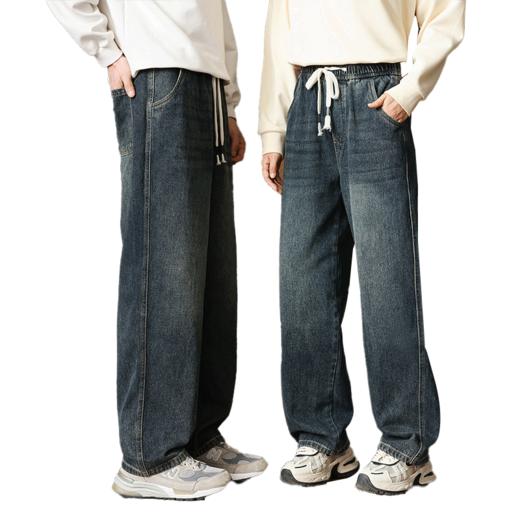 罗蒙秋冬牛仔裤男女同款情侣抽绳设计宽松直筒百搭日常显瘦牛仔长裤 商品图6