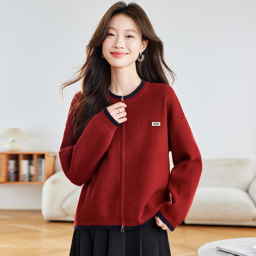 早秋双拉链短款针织开衫，宽松慵懒风毛衣外套拼色上衣CC-22-2713 商品图0