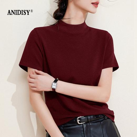 2026春天丝羊毛时尚简约半高领短袖修身套头T恤 商品图0