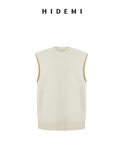 HIDEMI进口澳洲美利奴羊毛极简圆领下摆拼皮设计感后背开衩系带廓形马夹 商品图5