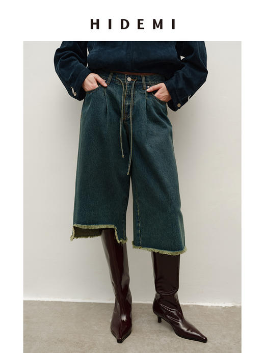 HIDEMI 都市单宁系列手工毛边装饰腰带显瘦时髦中裤牛仔裤配靴神裤 商品图0