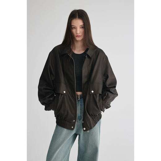 MAISON CECILE 复古飒爽时髦不费力蛋白皮宽松夹克皮衣外套 商品图0