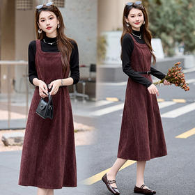 新款秋气质收腰显瘦中长款法式复古背带裙套装NS9703