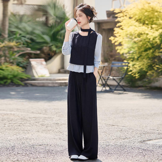 KX8505套装女2025秋季新款女装飘带拼接洋气衬衫阔腿裤两件套 商品图2