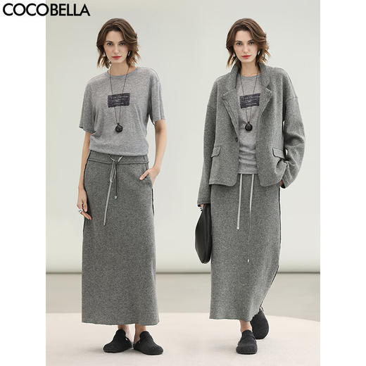 COCOBELLA灰色100%羊毛设计感通勤半身裙女高腰直筒裙HS3145 商品图0
