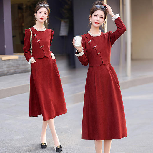 新中式假两件连衣裙女春秋新款正式场合气质订婚长裙LNS9666 商品图2
