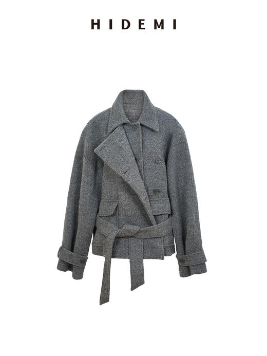 HIDEMI 进口羊毛强梭圈圈艺术感翻领不对称腰带廓形毛呢外套大衣 商品图7