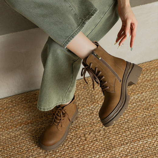 阿么手工女鞋厚底系带马丁靴女款真皮2025百搭大黄靴轻便短靴6CM 商品图3