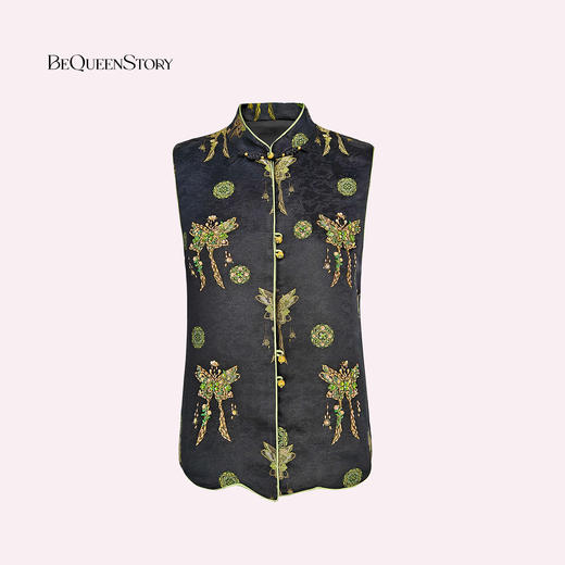 余潇潇【翡翠蝶依】100桑蚕丝新中式珍稀茶香宋锦重工国风刺绣马甲 商品图4