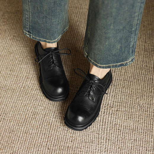 阿么手工女鞋软牛皮系带小皮鞋女新款经典英伦风百搭通勤单鞋3CM 商品图3