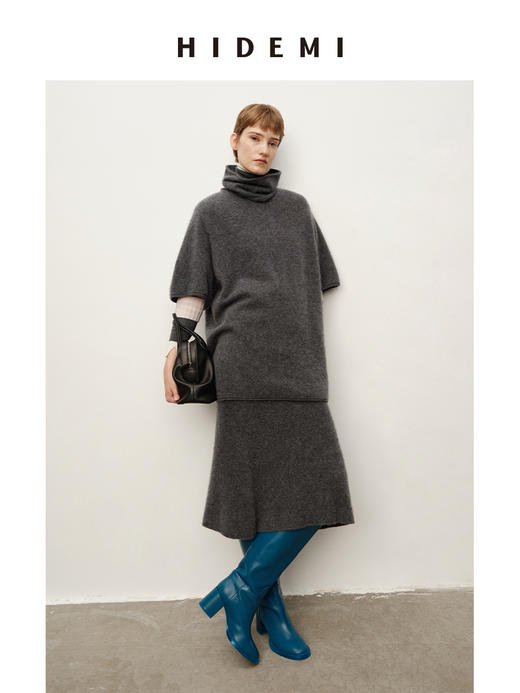 HIDEMI 进口澳洲美利奴羊毛拉毛拉绒工艺可拆卸脖套毛衣半裙套装两件套 商品图3