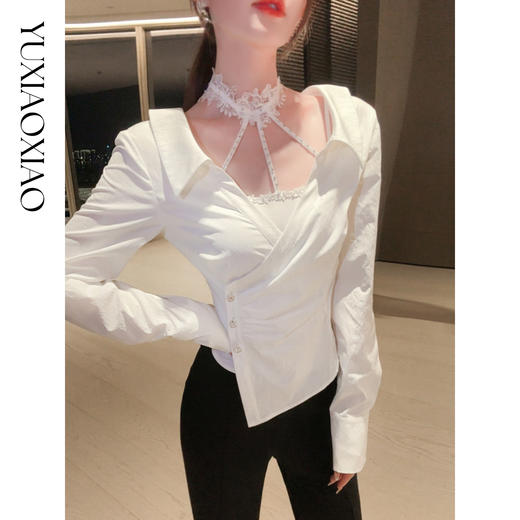 余潇潇【月光诱惑】时尚精致蕾丝花边手工钉珠收腰绑带衬衫两件套 商品图2