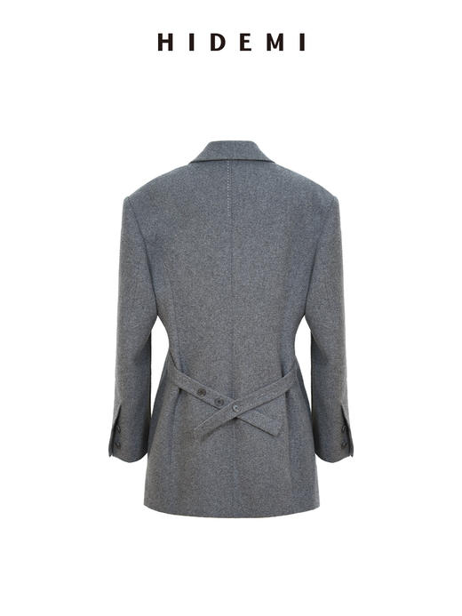 HIDEMI 进口美利奴羊毛毛呢西装外套双排扣中长款收腰显瘦大衣女 商品图6