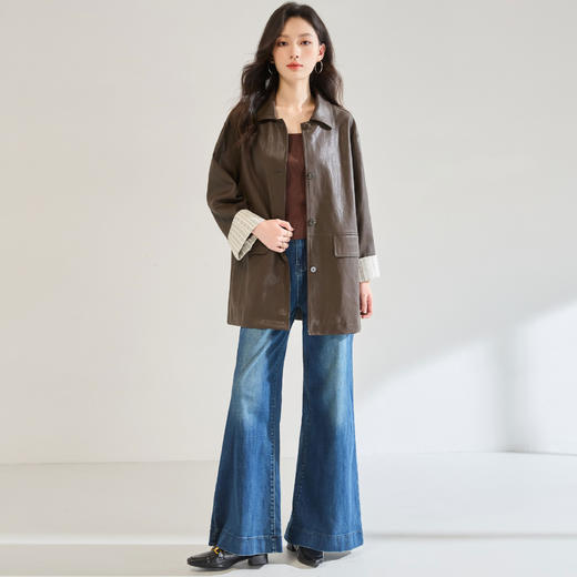 「高货sh」全新升级【铂金会员477/天猫639/差价162】(04445)洛诗琳时尚条纹拼接皮衣2025秋季复古翻领百搭风衣外套女 商品图4