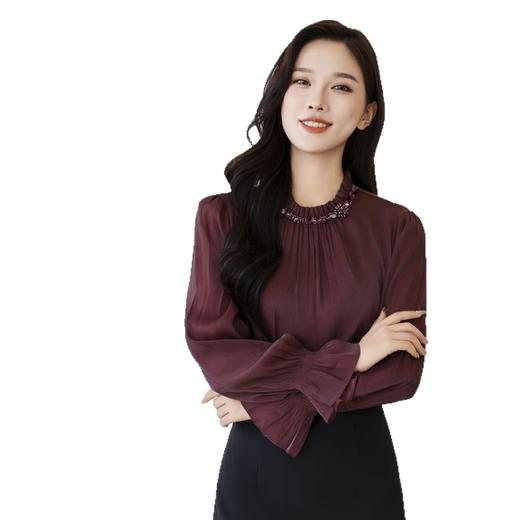 「自」全新升级【铂金会员183/天猫239/差价56】(05022)洛诗琳新款时尚缎面衬衣2025秋季新款气质钉珠雪纺上衣女 商品图4