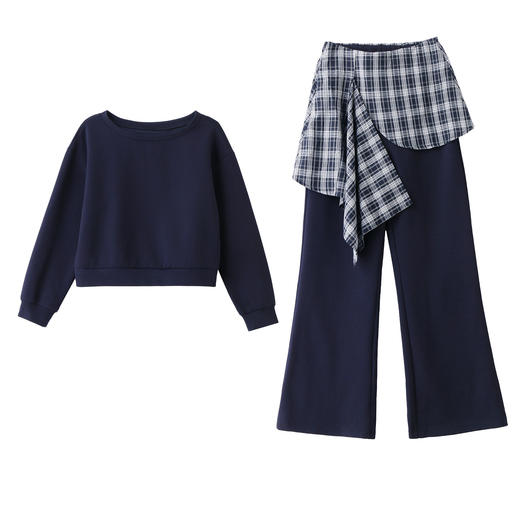 新款2025年秋季圆领时尚拼格子微喇叭裤套装两件套LNS9769 商品图4