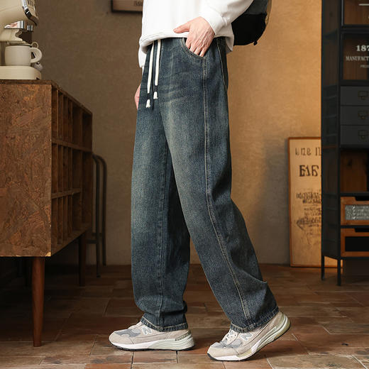 罗蒙秋冬牛仔裤男女同款情侣抽绳设计宽松直筒百搭日常显瘦牛仔长裤 商品图3