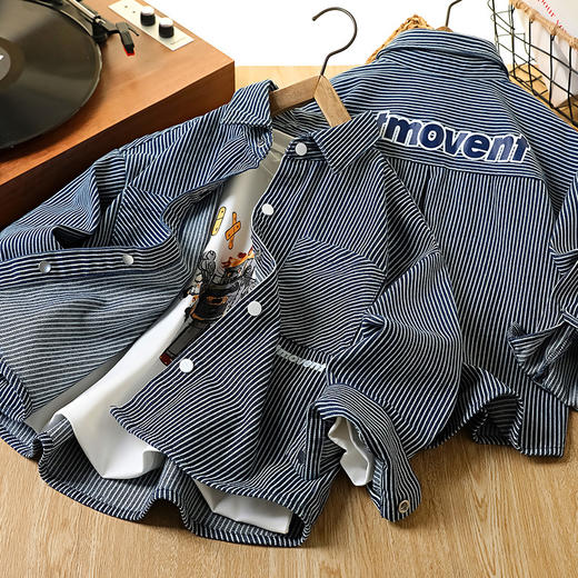 童装男童牛仔衬衫秋装新款儿童洋气中大童长袖衬衣条纹男孩外套潮 商品图0