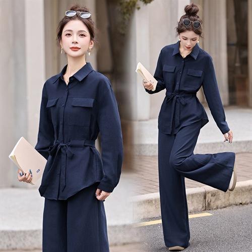 时尚藏青色两件套裤2025秋季新款polo领长袖系带衬衫阔腿裤套装LNS9765 商品图1