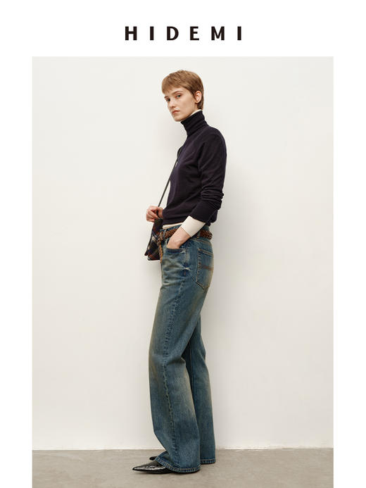 HIDEMI 都市单宁系列猫须水洗做旧感显瘦中低腰喇叭牛仔裤长裤 商品图4
