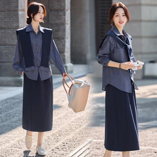 新款年宽松舒适秋季条纹披肩半身裙三件套LNS9768 商品图3