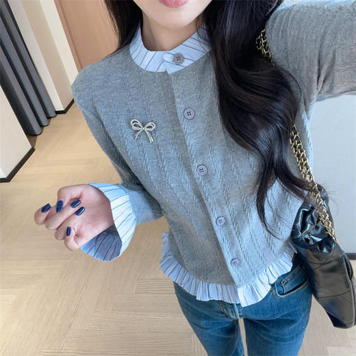 miu感假两件拼接荷叶边针织弹力开衫送胸针 商品图6