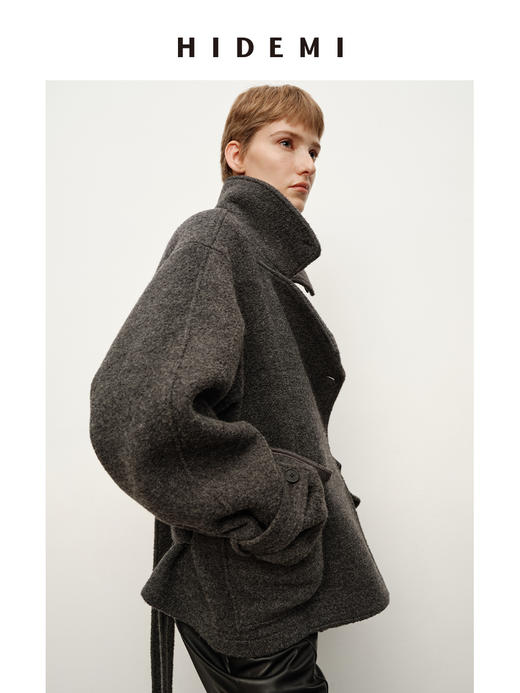 HIDEMI 进口羊毛强梭圈圈艺术感翻领不对称腰带廓形毛呢外套大衣 商品图5