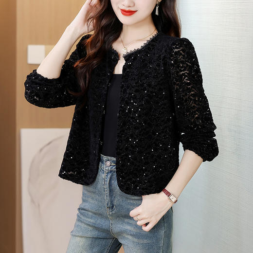 KQLE49M811轻奢黑色短款2025早秋新款丝绒亮片简约设计感洋气百搭长袖外套女 商品图0