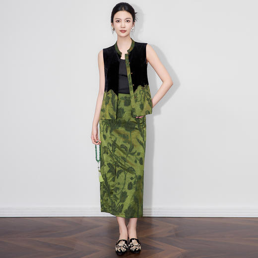 「高货wl」全新升级【铂金会员441/天猫599/差价158】(03632)洛诗琳新中式香云纱提花背心2025秋季国风复古拼丝绒马甲 商品图0