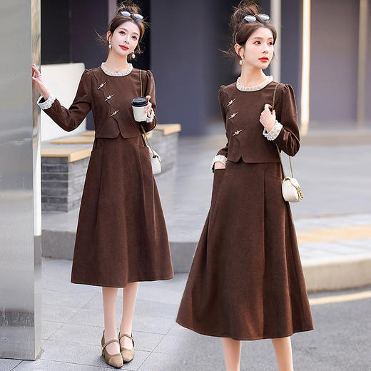 新中式假两件连衣裙女春秋新款正式场合气质订婚长裙LNS9666 商品图0