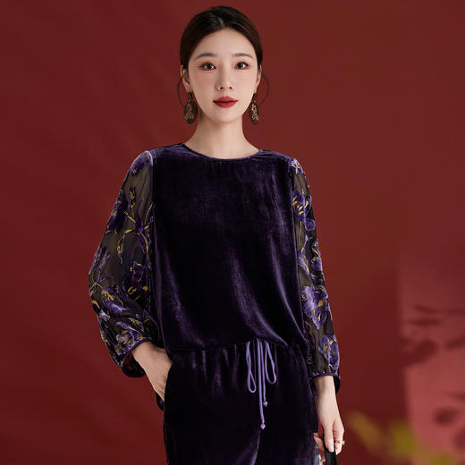 国风印花拼接真丝丝绒，复古上衣圆领气质时尚SM-12501331 商品图0