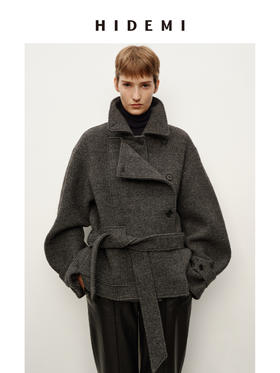 HIDEMI 进口羊毛强梭圈圈艺术感翻领不对称腰带廓形毛呢外套大衣