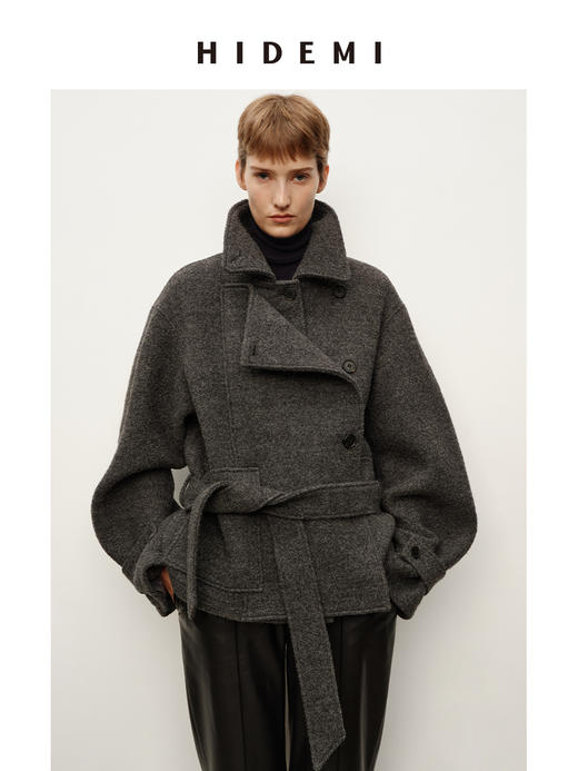 HIDEMI 进口羊毛强梭圈圈艺术感翻领不对称腰带廓形毛呢外套大衣 商品图0