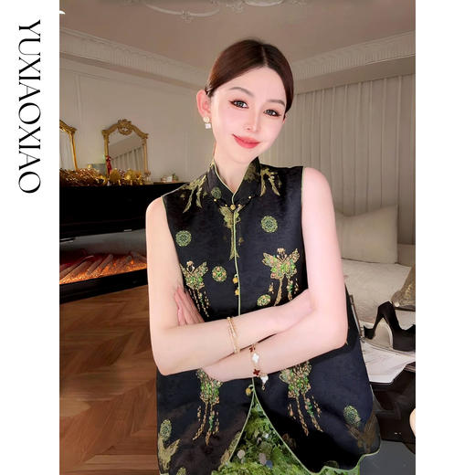 余潇潇【翡翠蝶依】100桑蚕丝新中式珍稀茶香宋锦重工国风刺绣马甲 商品图2